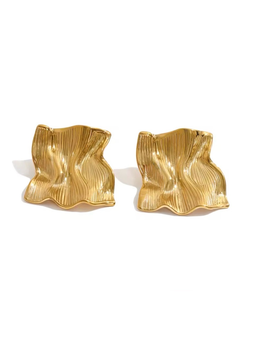Gold Textured Wave Stud Earrings - Stainless Steel
